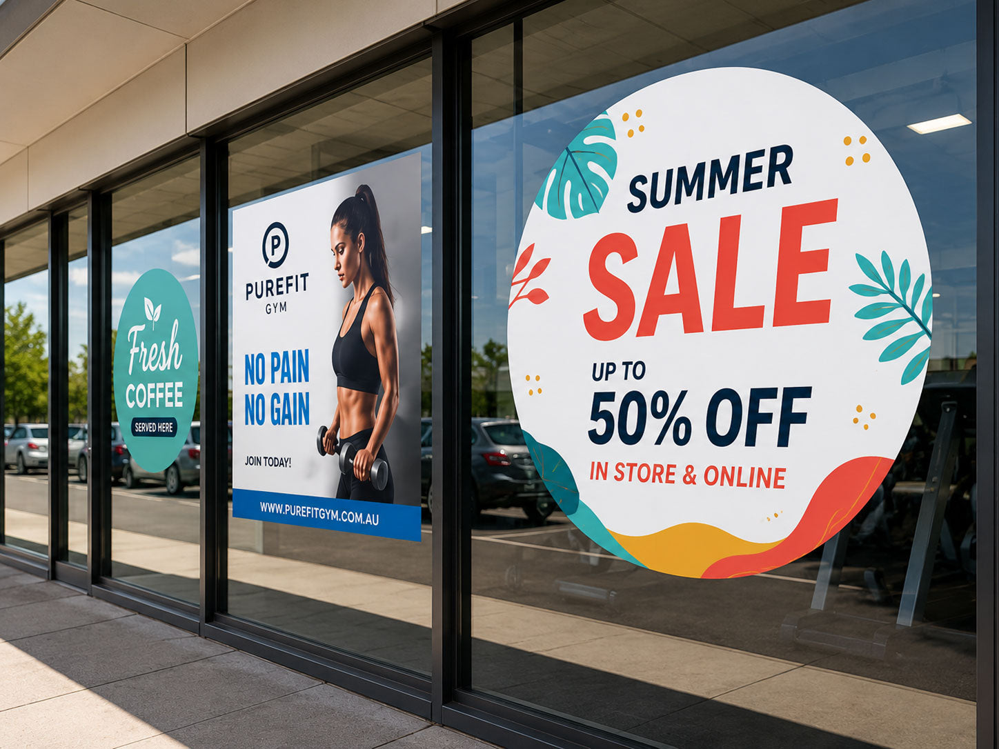 Large printed window graphics along a gym and cafe shopfront, including a circular Summer Sale decal