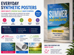 Everyday 200gsm synthetic poster with a summer travel design, shown mounted on an outdoor wall
