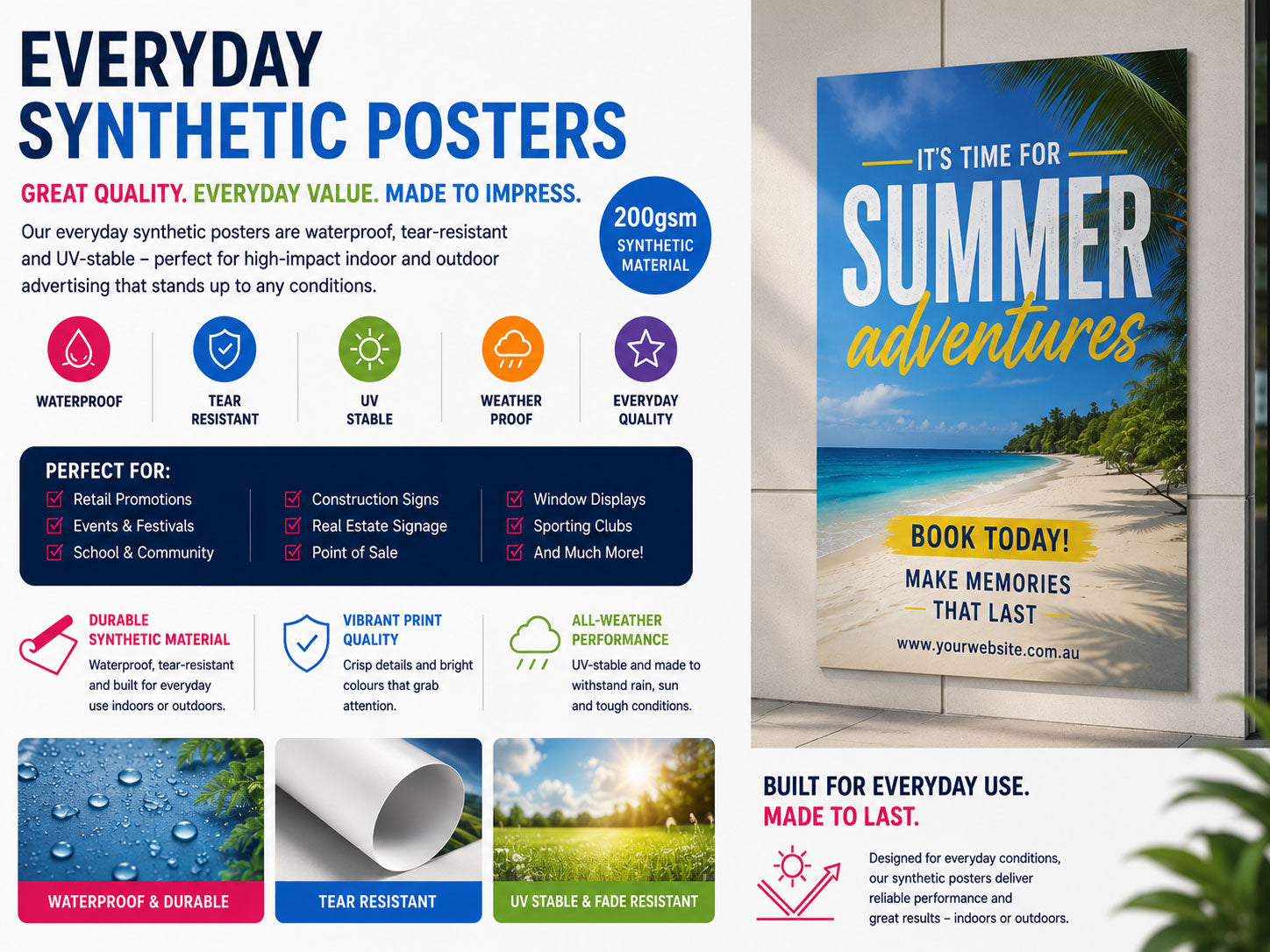 Everyday 200gsm synthetic poster with a summer travel design, shown mounted on an outdoor wall