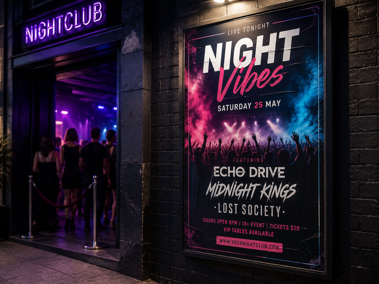 Printed synthetic poster in a lightbox frame outside a nightclub at night, advertising a live music event