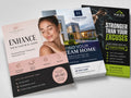 Three full colour flyers fanned out for a beauty salon, a property group and a gym