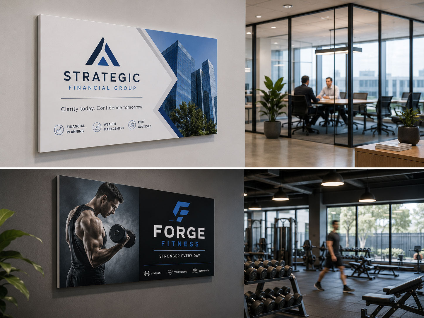 Two printed Foam PVC signs on office walls, one for a financial group and one for a gym, shown in place