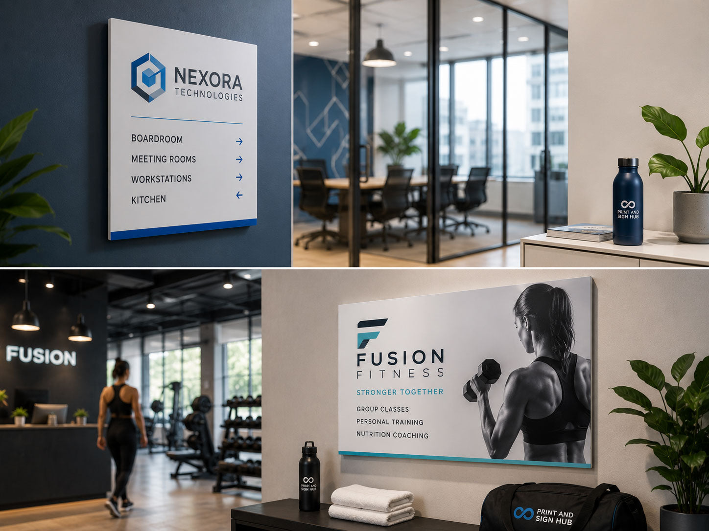 Foam PVC office signage in use — a directory sign for a technology firm and a wall panel in a gym reception