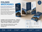 Tri-fold and roll-fold brochures for a construction company, with a chart of A5, A4 and A3 sizes and paper stocks