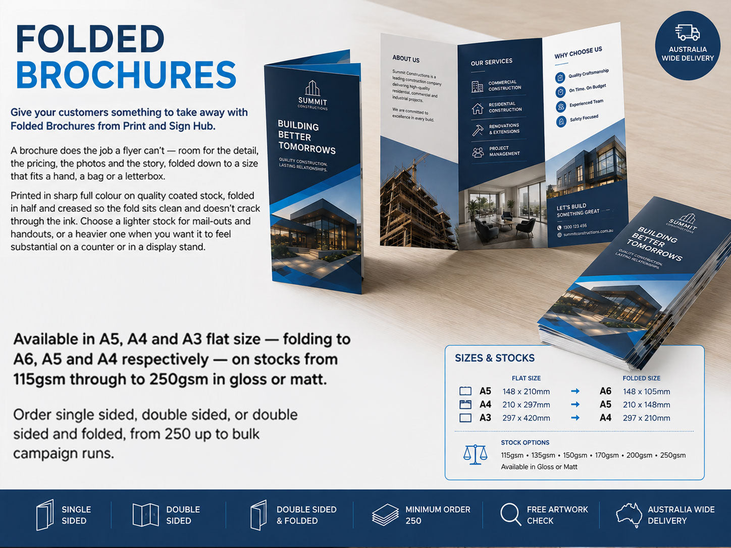 Tri-fold and roll-fold brochures for a construction company, with a chart of A5, A4 and A3 sizes and paper stocks