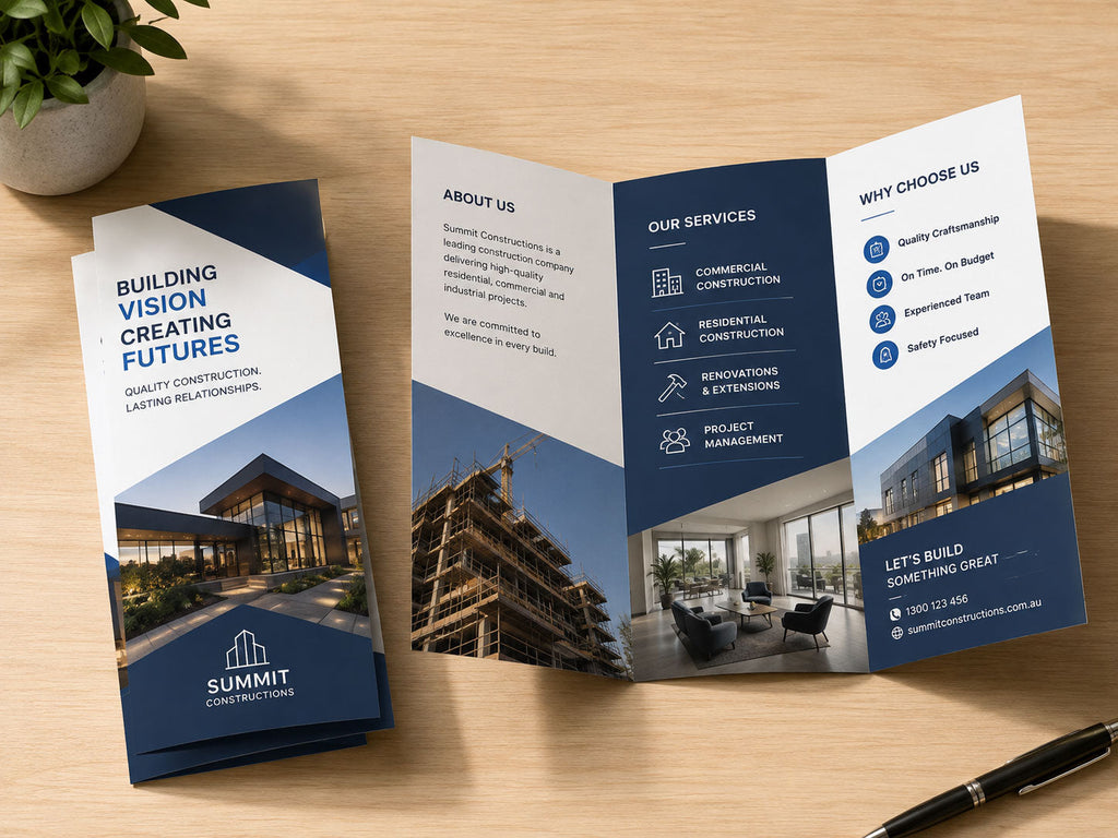Tri-fold construction company brochure lying open on a wooden desk beside a folded copy