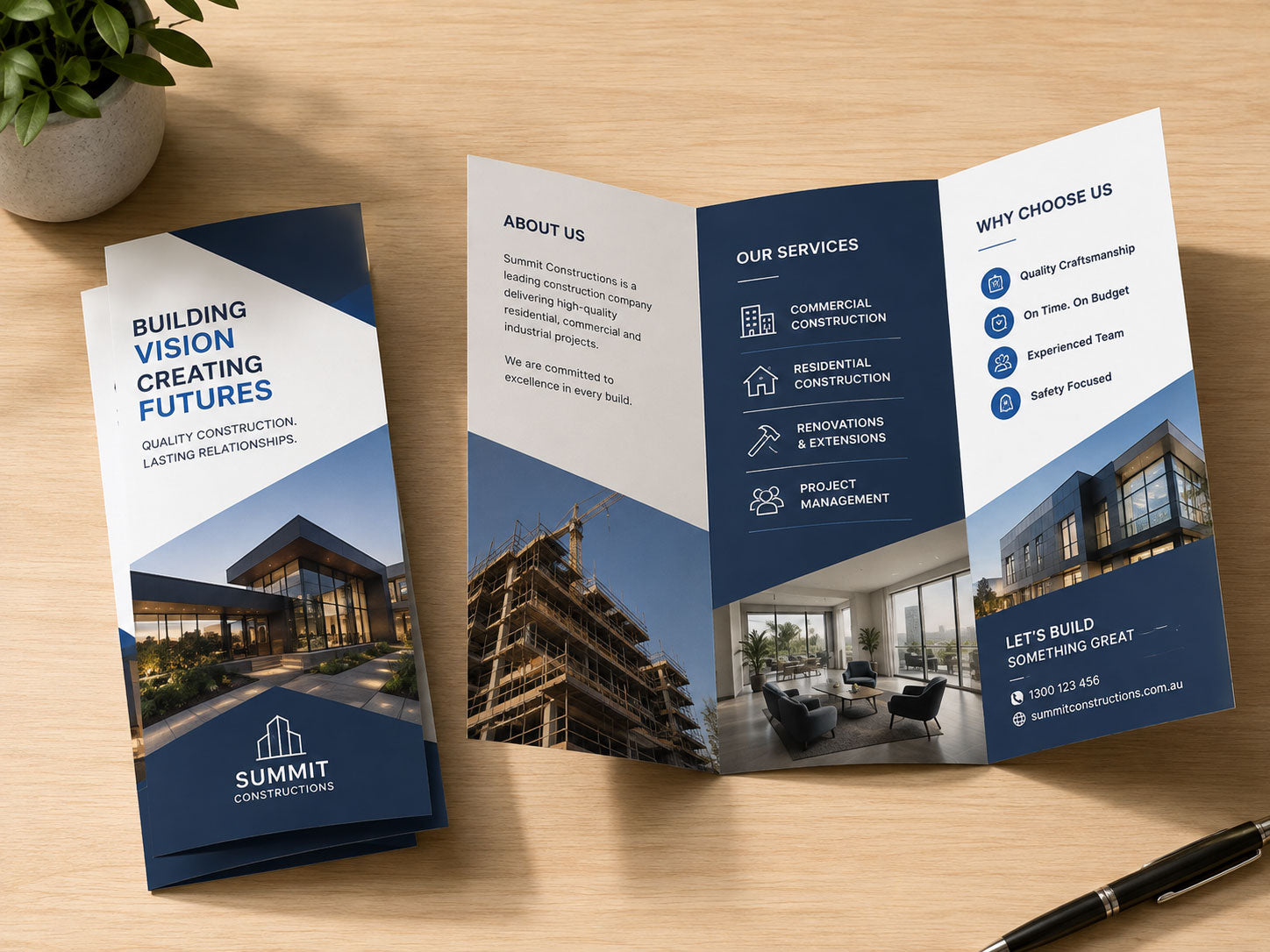 Tri-fold construction company brochure lying open on a wooden desk beside a folded copy