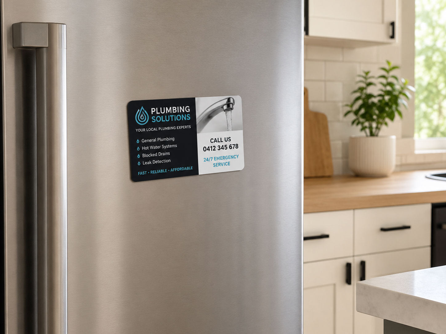 Fridge magnet for a plumbing business stuck to a stainless steel fridge door in a kitchen