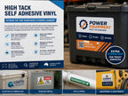 High tack self adhesive vinyl label on a plastic toolbox, with panels showing it on fibreglass, painted metal, PVC pipe and machinery