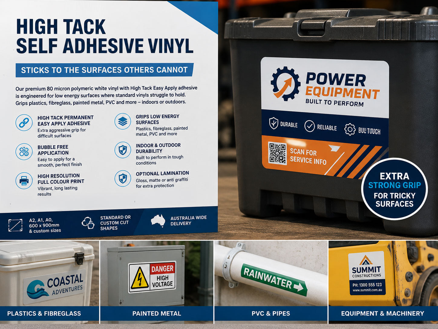 High tack self adhesive vinyl label on a plastic toolbox, with panels showing it on fibreglass, painted metal, PVC pipe and machinery