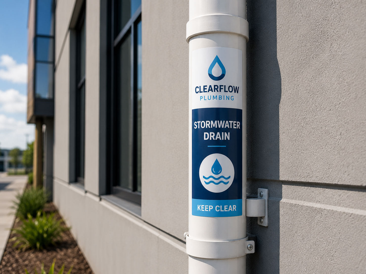 High tack vinyl sticker applied to a round downpipe on a rendered wall, reading Stormwater Drain Keep Clear