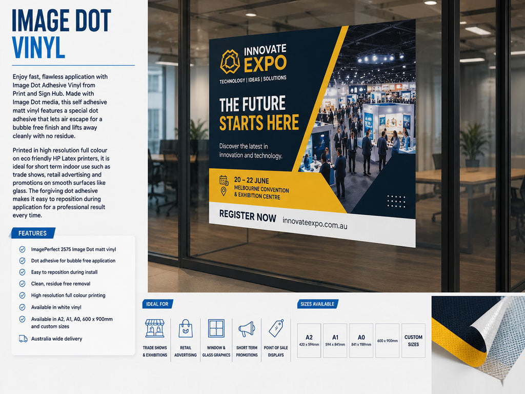 Image Dot vinyl graphic for an expo applied to a glass shop front, with a corner of the media peeling back to show the dot adhesive