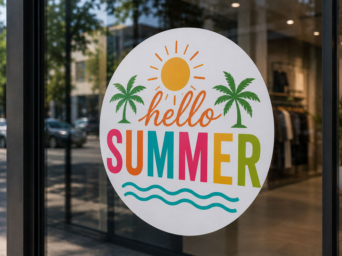 Colourful Hello Summer decal with palm trees and a sun applied to a shop front window