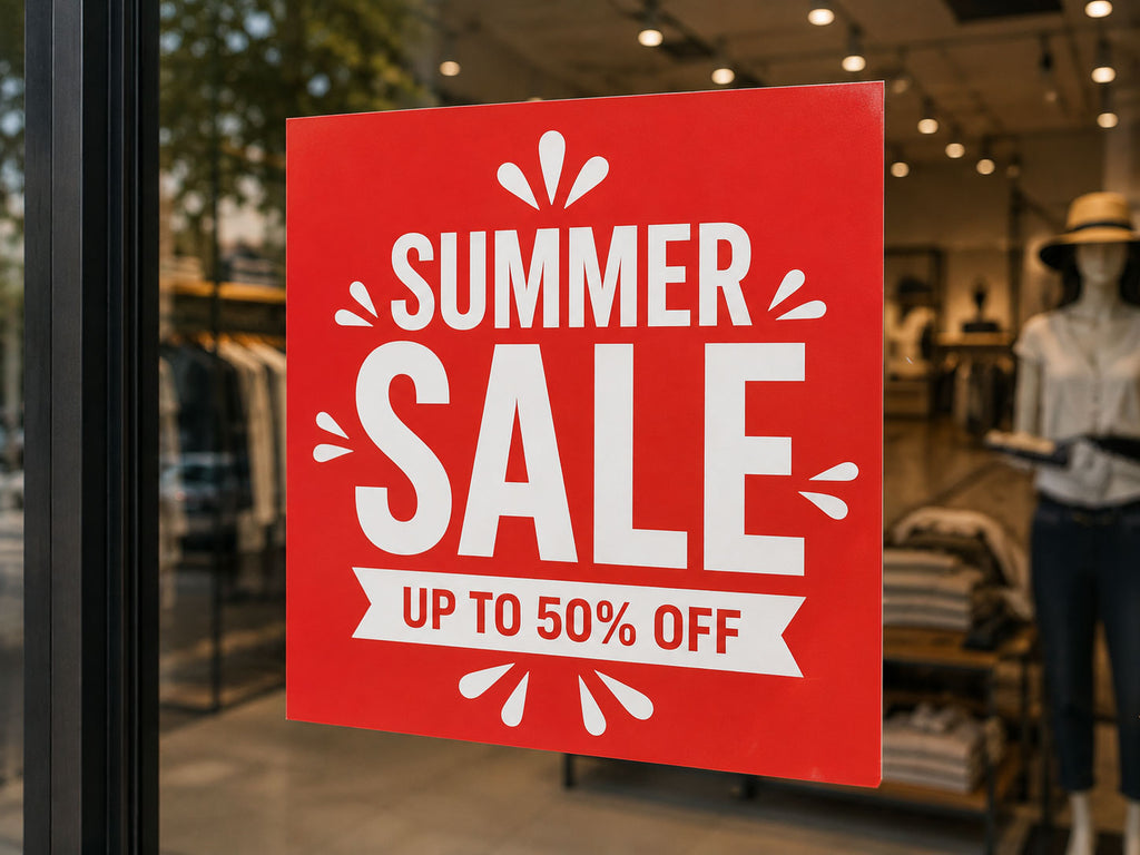 Red Summer Sale poster printed on adhesive vinyl and applied to the inside of a clothing shop window