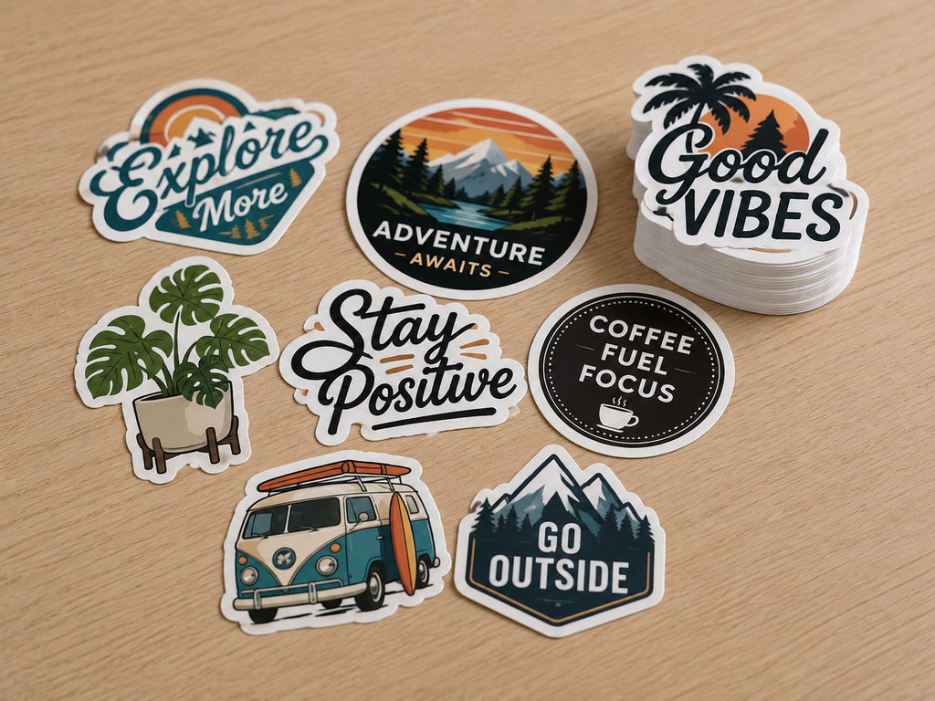 Individually cut vinyl stickers with outdoor and travel designs laid out on a light timber desk