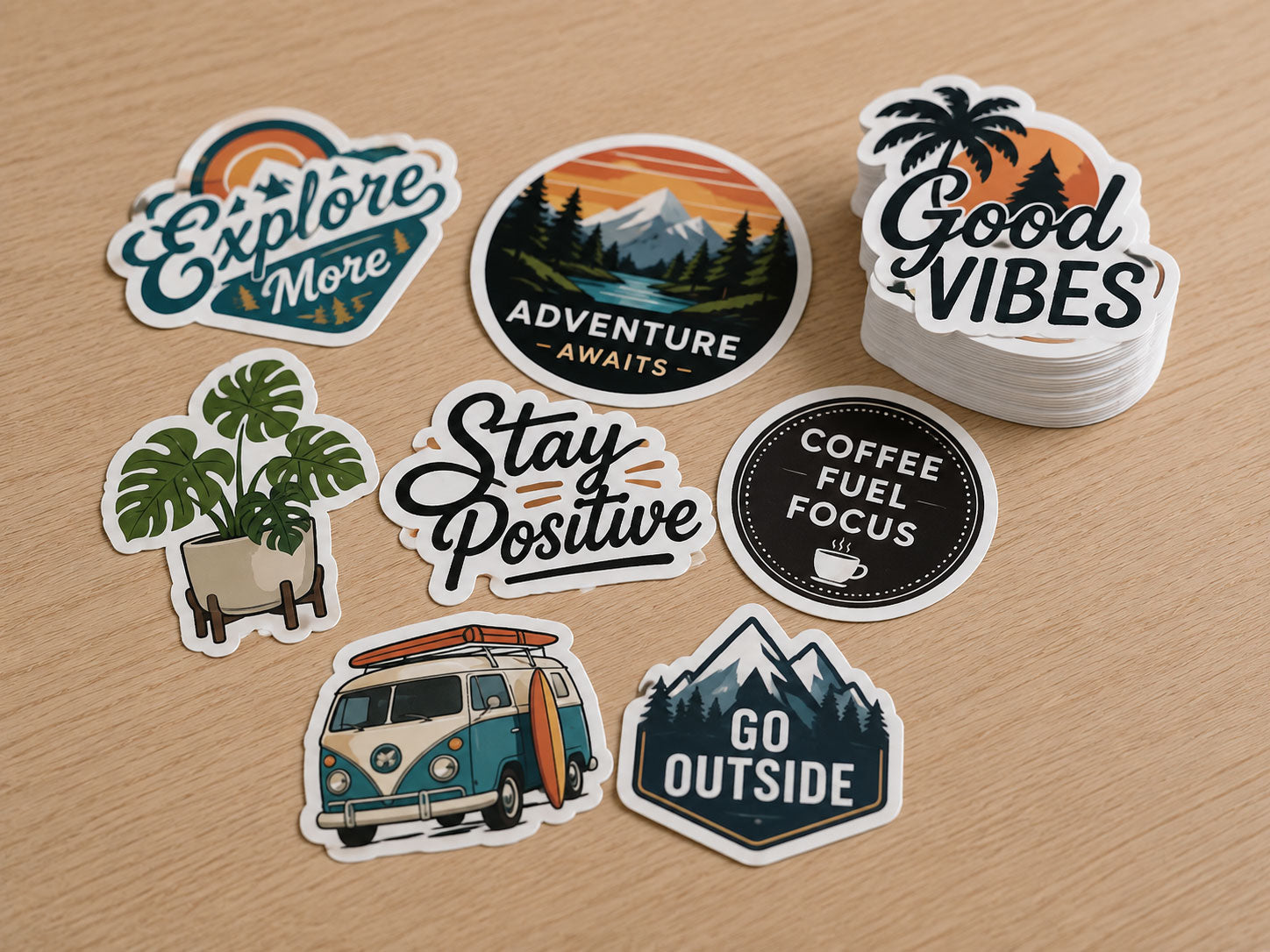 Individually cut vinyl stickers with outdoor and travel designs laid out on a light timber desk