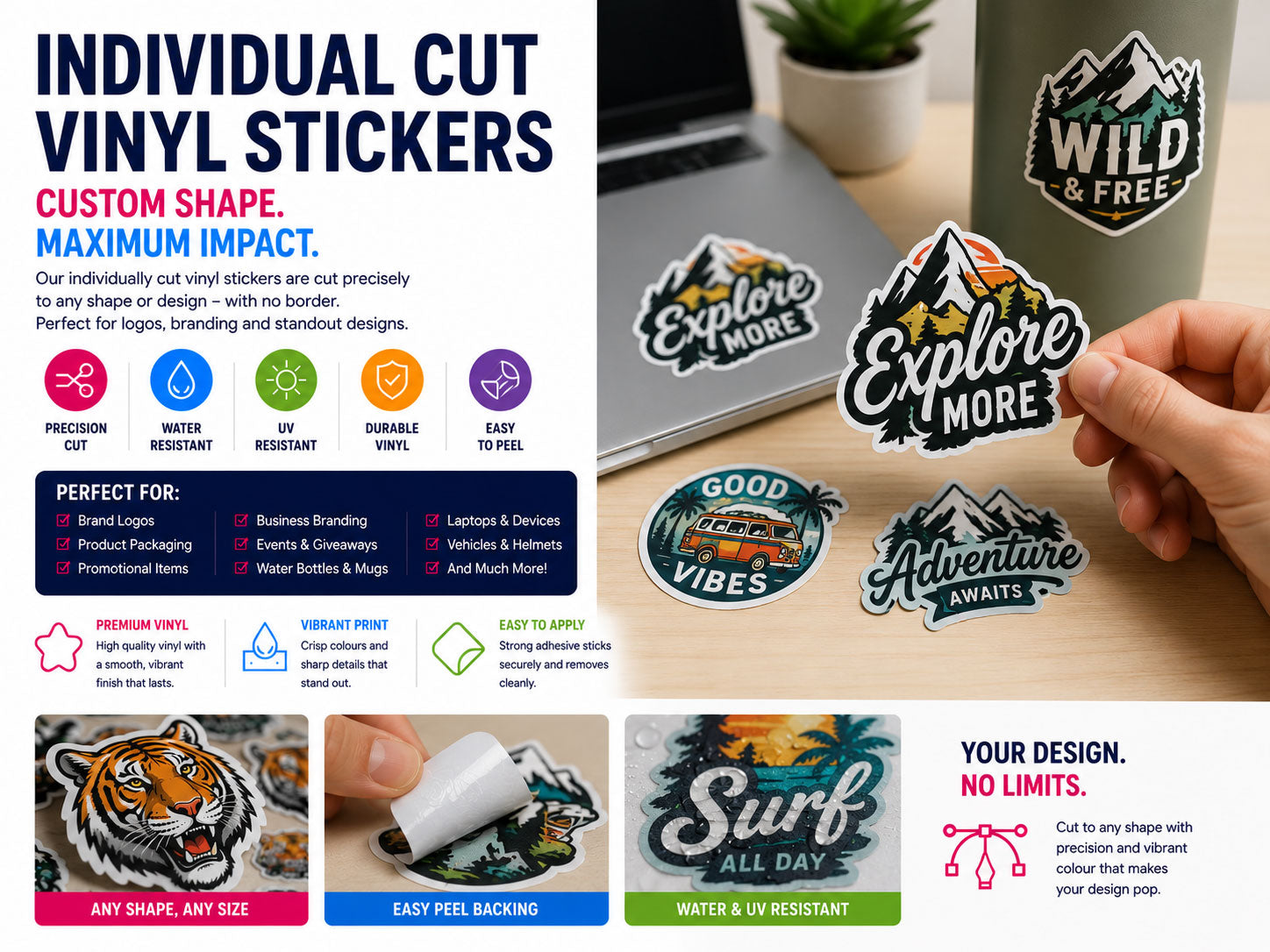 Die cut vinyl stickers with outdoor and adventure designs on a laptop, drink bottle and a hand peeling one off