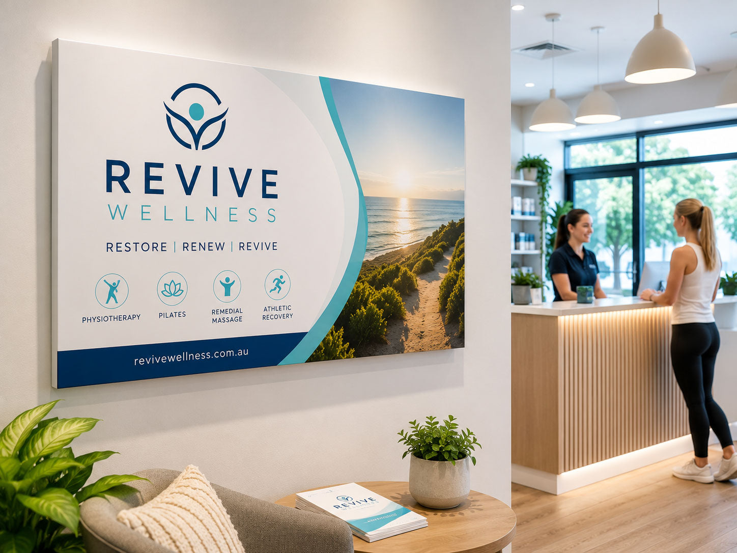 Large printed wellness clinic sign mounted above the reception desk of a physiotherapy practice