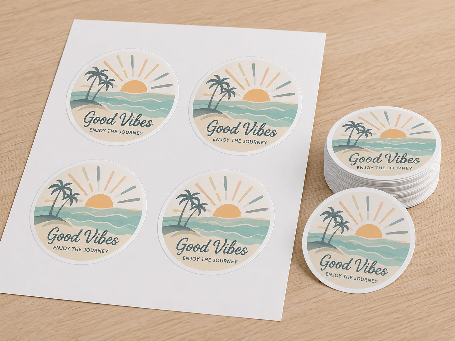 Kiss cut circular stickers on an A4 backing sheet beside a loose stack of the same design