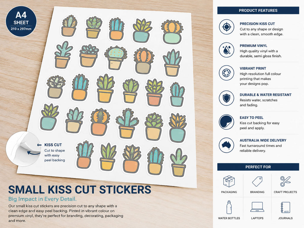 A4 sheet of kiss cut potted plant stickers on a desk, with the backing peeled at one corner