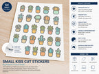 A4 sheet of kiss cut potted plant stickers on a desk, with the backing peeled at one corner