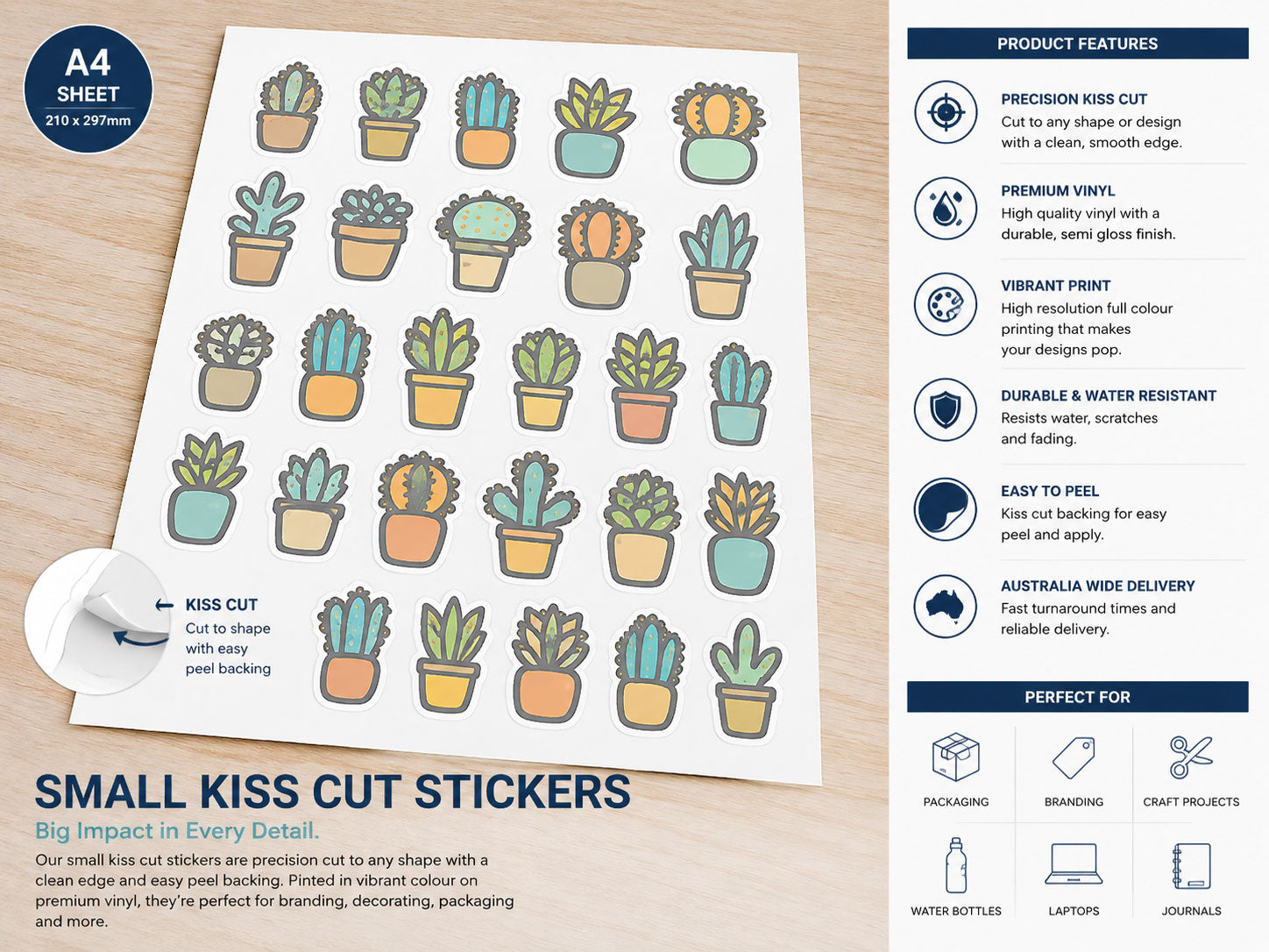 A4 sheet of kiss cut potted plant stickers on a desk, with the backing peeled at one corner
