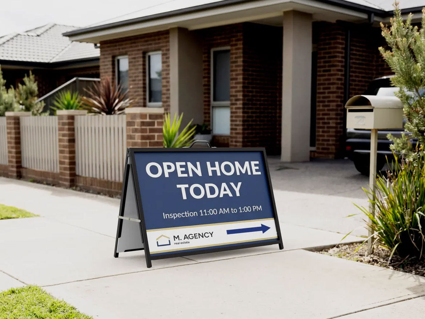 Black A-frame sign on a suburban footpath outside a brick house, reading Open Home Today with inspection times