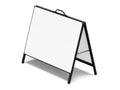 Black metal faced A-frame sign standing empty against a white background, showing the landscape format panel