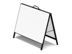 Black metal faced A-frame sign standing empty against a white background, showing the landscape format panel