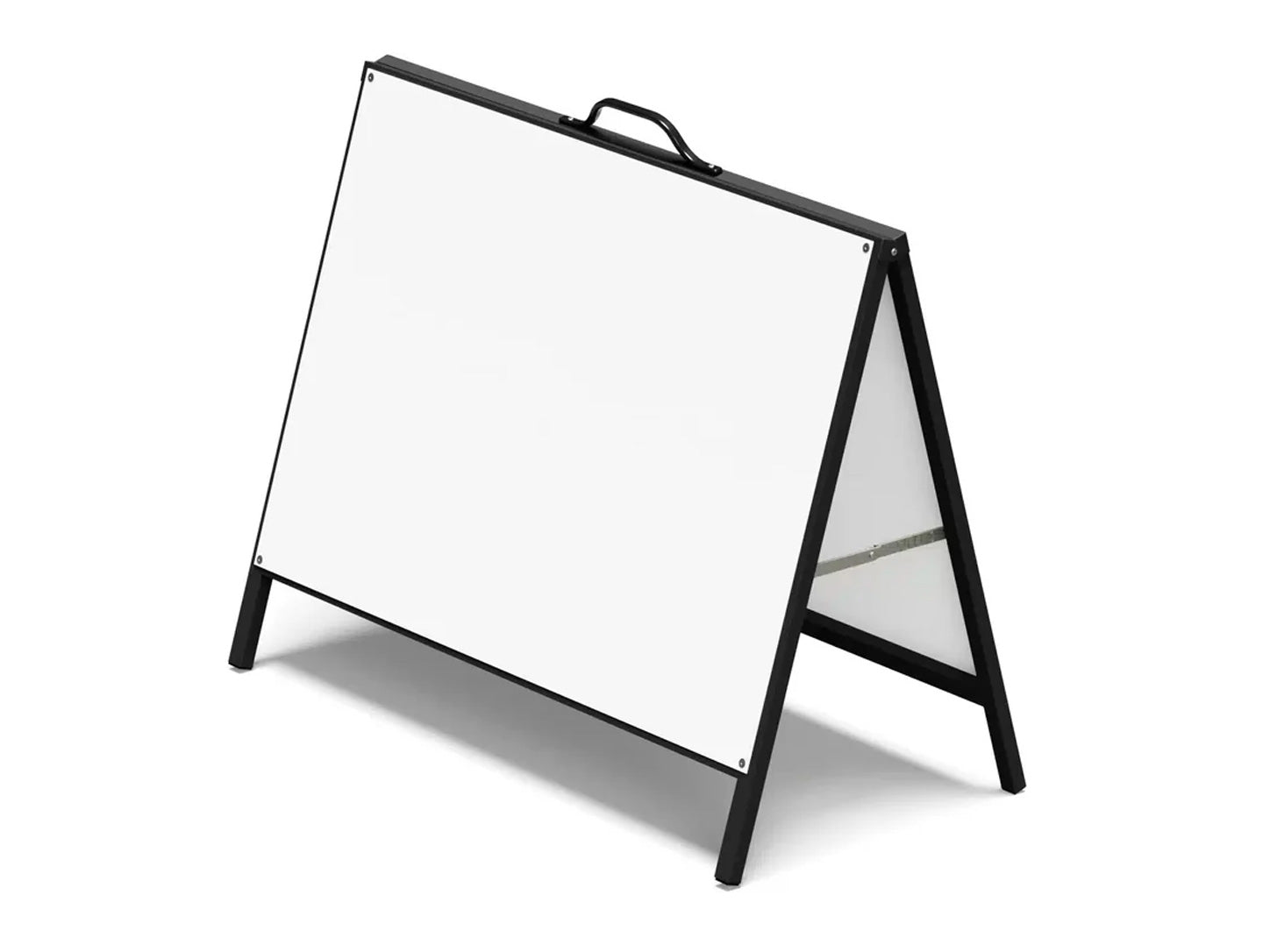Black metal faced A-frame sign standing empty against a white background, showing the landscape format panel