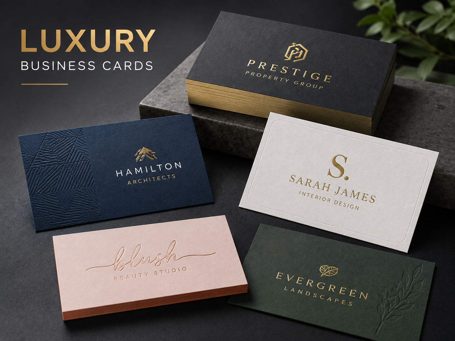 Luxury business cards with gold foil, embossing and coloured edges arranged on a dark stone surface