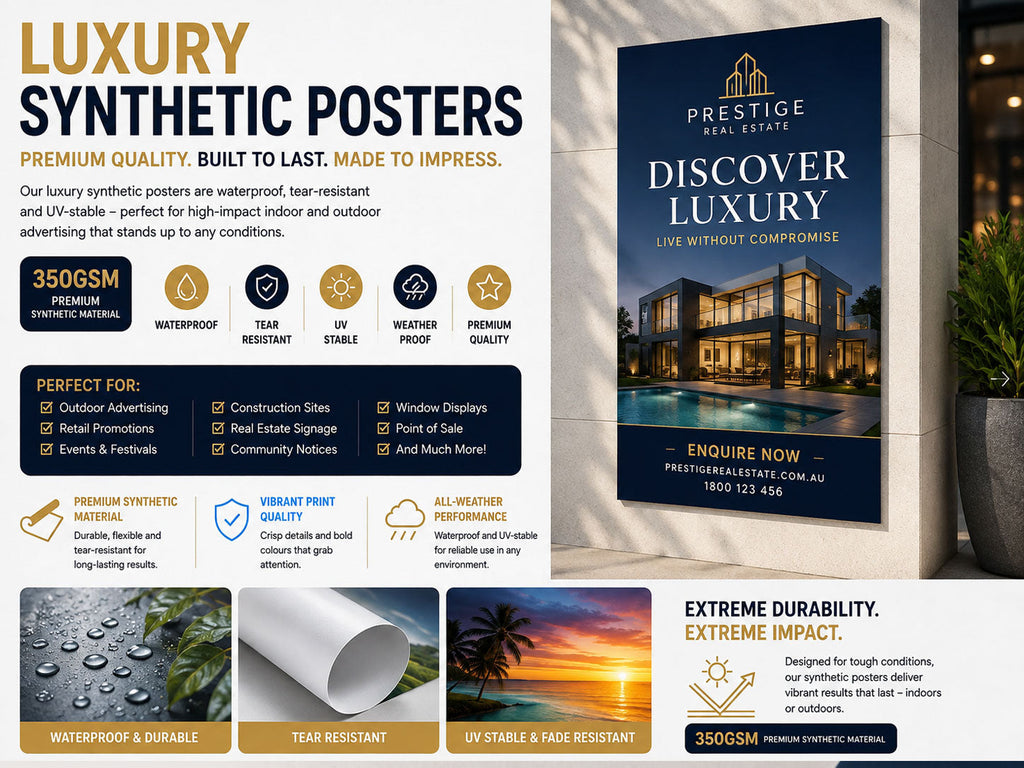 350gsm luxury synthetic poster for a real estate agency, displayed on a wall outside a modern home