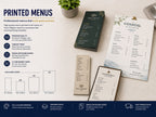Printed menus for four restaurants in DL, A5, A4 and A3, laid out on a table with cutlery