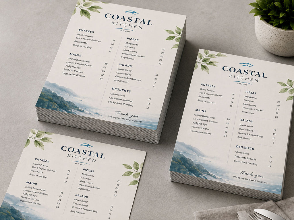 Printed restaurant menus in two sizes stacked on a table beside cutlery and a napkin