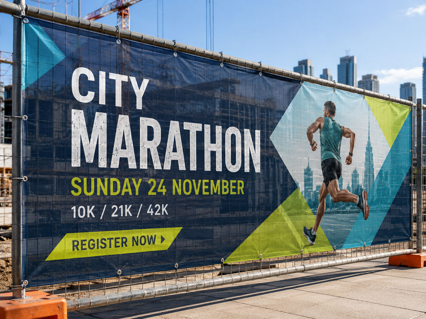 Large mesh banner for a city marathon cable tied to temporary fencing on a construction site