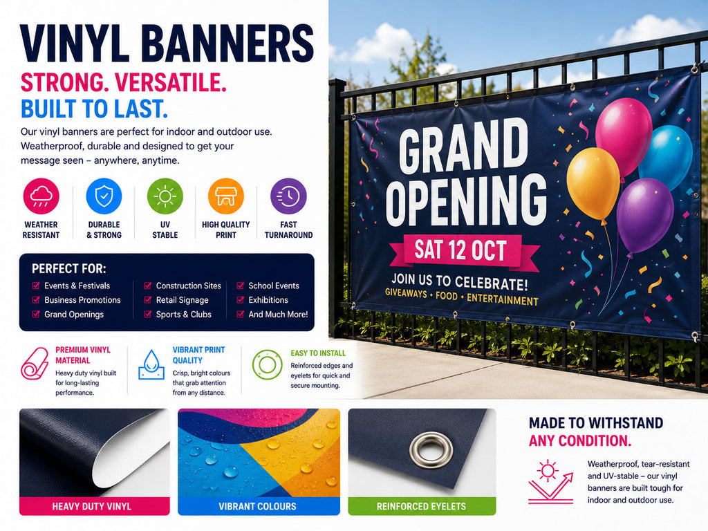 Grand opening vinyl banner cable-tied to a fence, with close ups of the heavy duty vinyl and reinforced eyelets