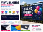 Grand opening vinyl banner cable-tied to a fence, with close ups of the heavy duty vinyl and reinforced eyelets
