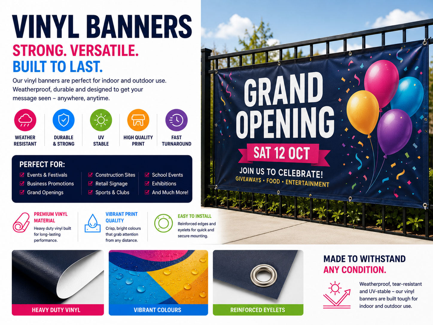 Grand opening vinyl banner cable-tied to a fence, with close ups of the heavy duty vinyl and reinforced eyelets