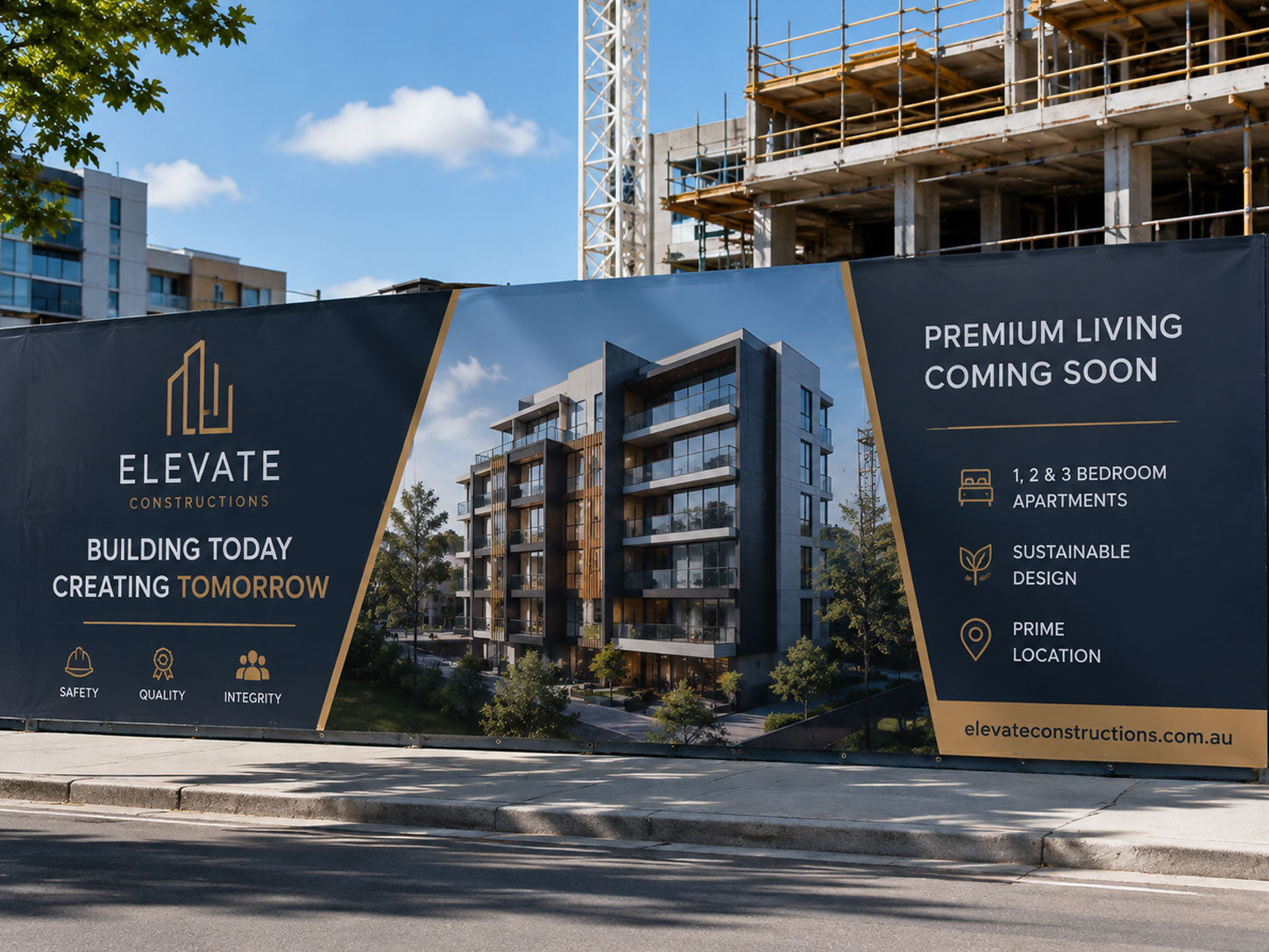 Long printed hoarding banner on a construction site fence advertising an apartment development