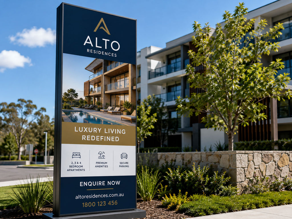 Freestanding pylon sign for an apartment development, printed in vinyl and installed in a landscaped garden
