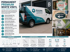 Permanent premium white vinyl shown on a van wrap, shop window, floor decal, wall graphic and cafe window