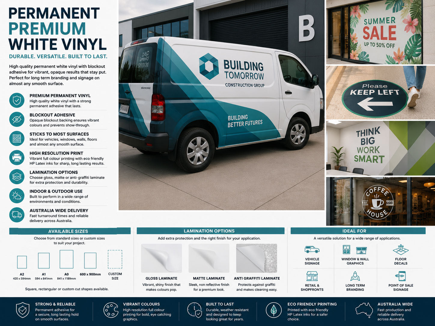 Permanent premium white vinyl shown on a van wrap, shop window, floor decal, wall graphic and cafe window