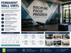 Matt laminated wall vinyl covering a gym wall with a motivational slogan, beside a dumbbell rack