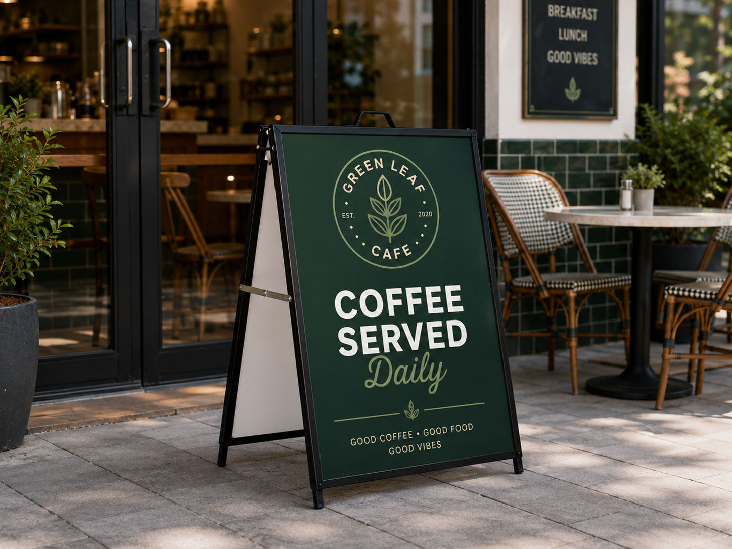 Black A-frame sign on a footpath outside a cafe with a dark green printed corflute insert