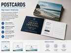 Postcards for a coastal promotion and a grand opening invitation, with the reverse showing the address panel