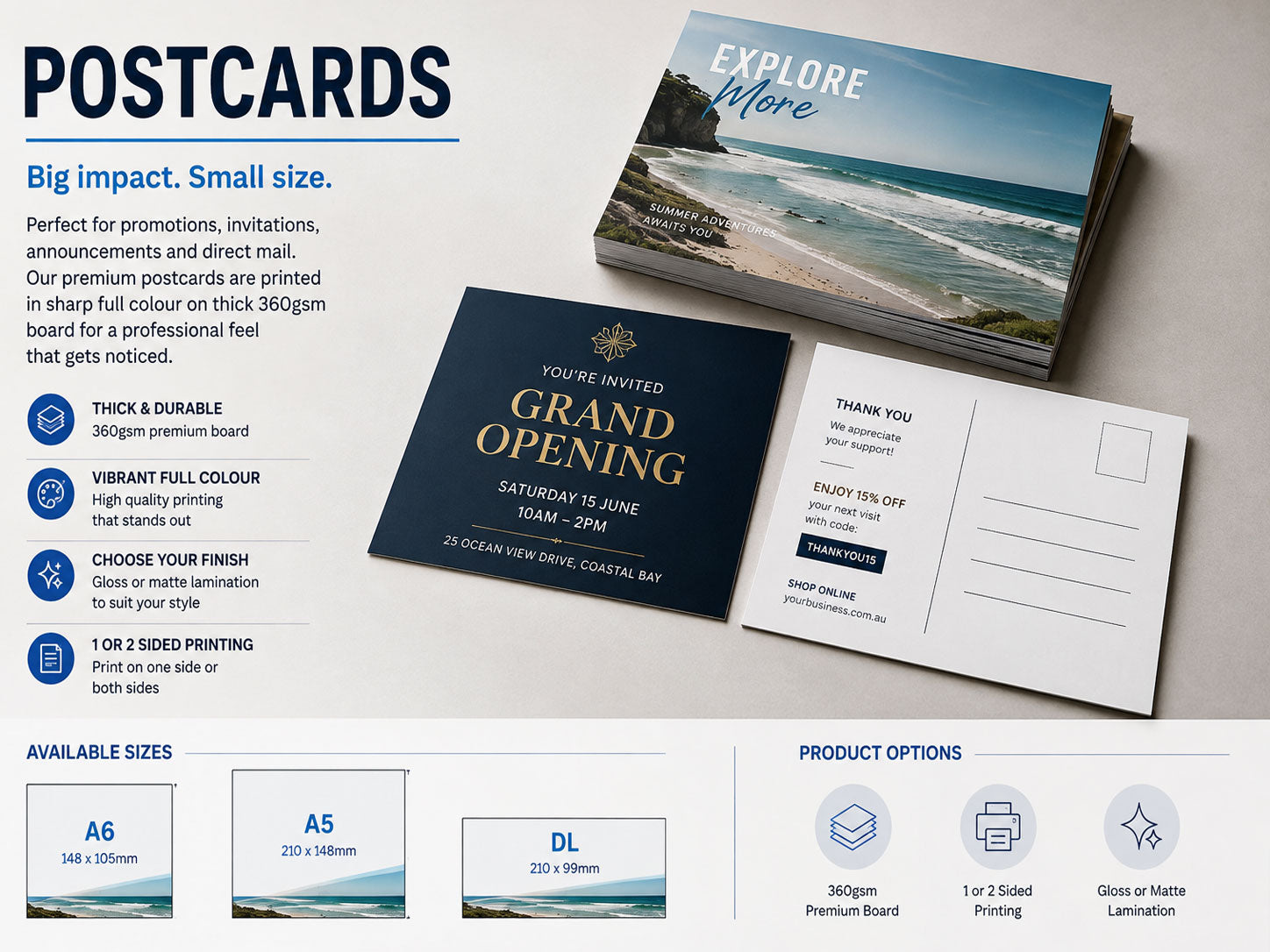 Postcards for a coastal promotion and a grand opening invitation, with the reverse showing the address panel