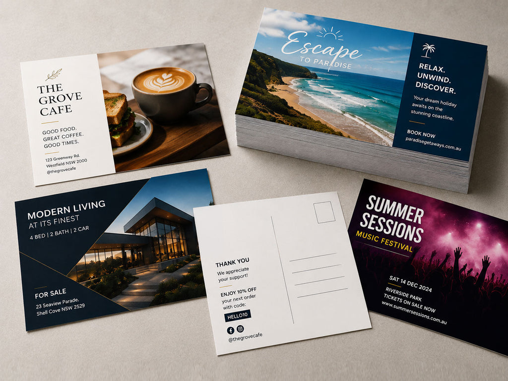 Printed postcards for a cafe, a travel brand, a property listing and a music festival, with a blank reverse showing the address panel