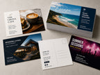 Printed postcards for a cafe, a travel brand, a property listing and a music festival, with a blank reverse showing the address panel
