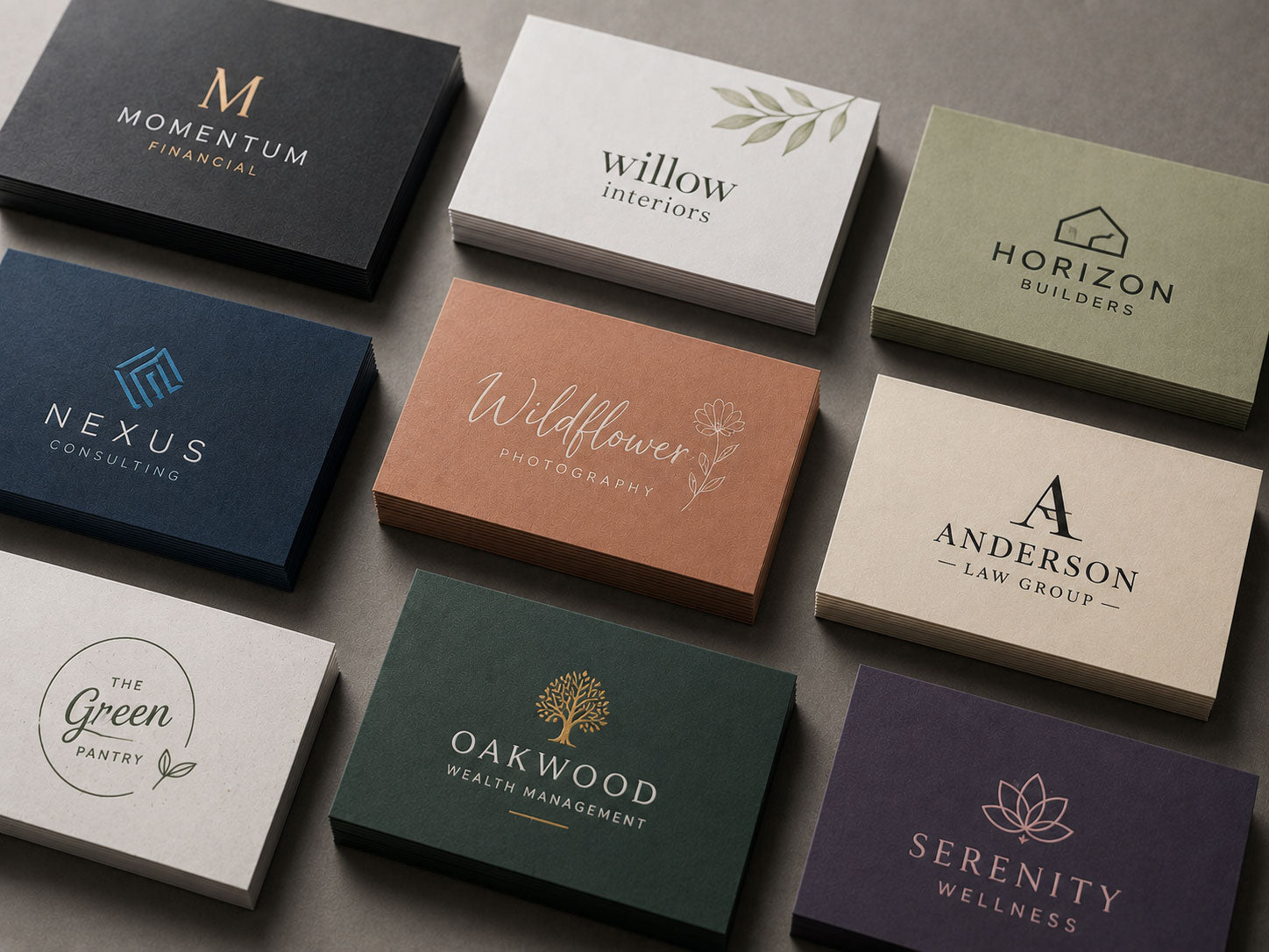 Nine premium business cards in navy, olive, terracotta and cream, each with a different small-business logo