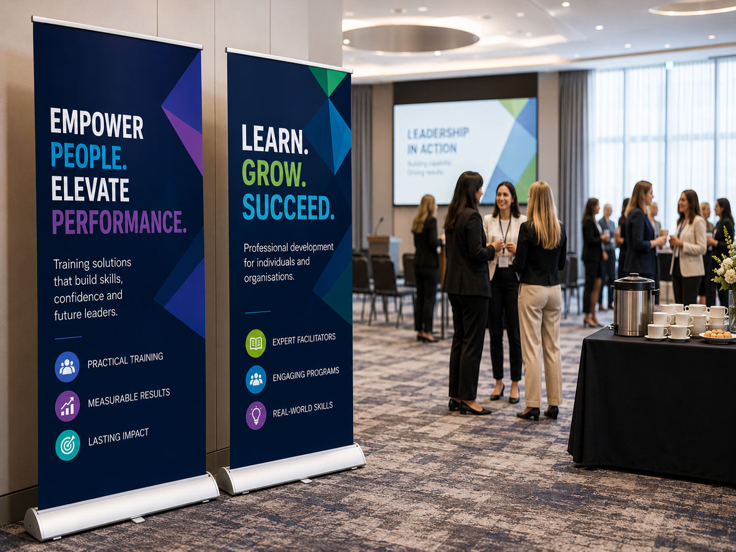 Two pull up banner stands beside each other at a corporate training event, with delegates talking in the background